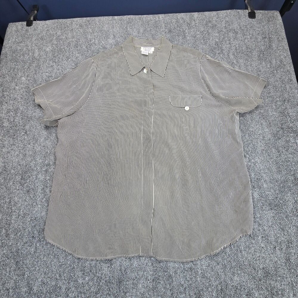 Tess Women 100% Silk Pinstripe Button Front Blouse Black Ivory Plus 2X